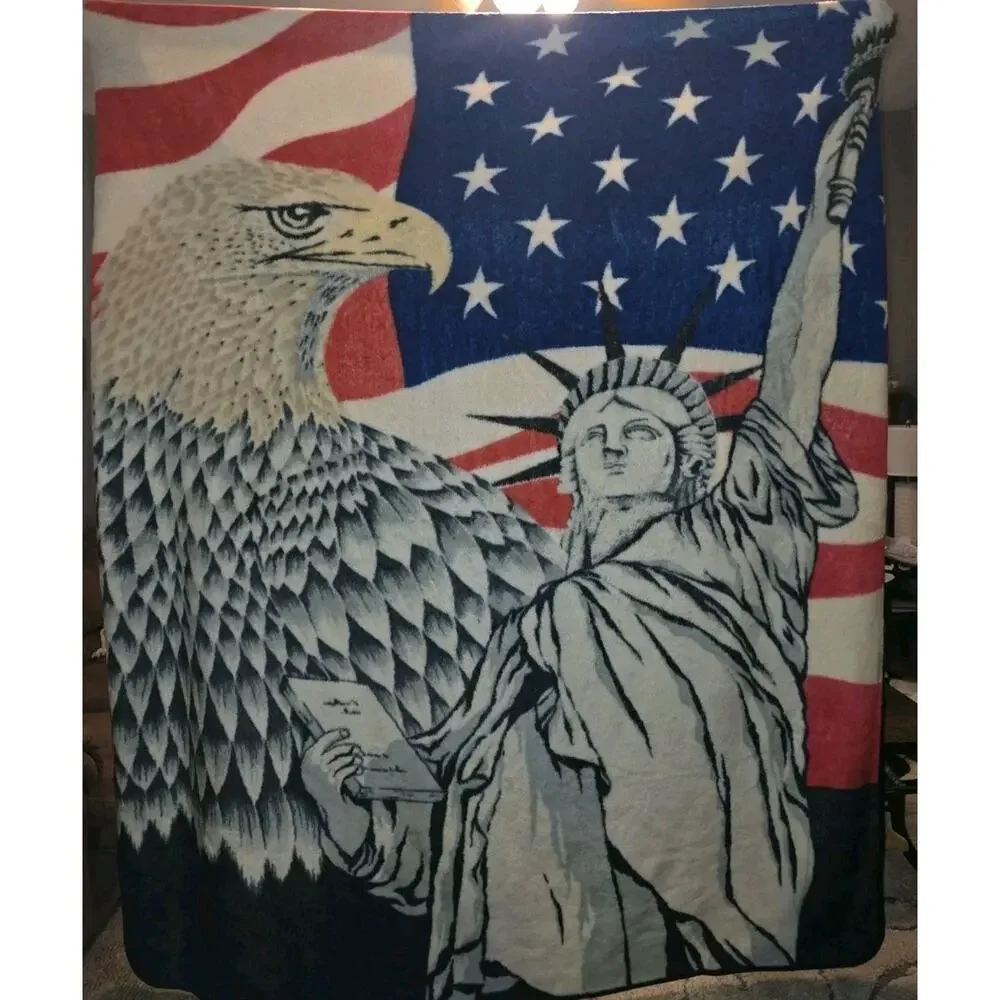 Vintage Eagle Statue Of Liberty Blanket Korea Plush Fuzzy 79”X94” Patriotic USA